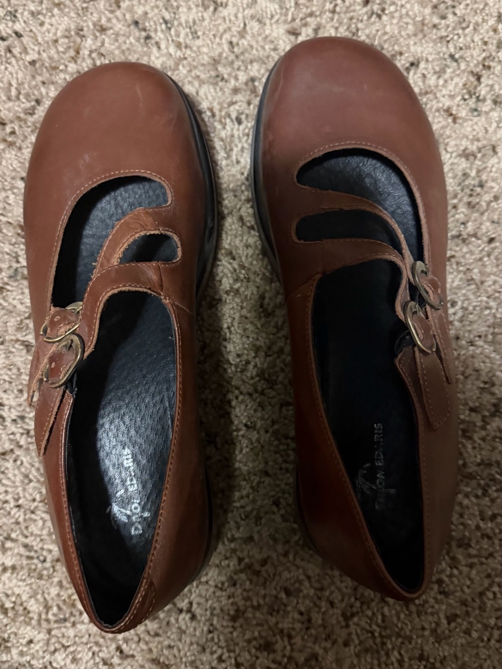 Women's Brown Leather Mary Jane Flats with Twin Buckle Strap
